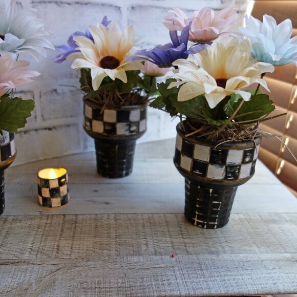 Rustic Checked Flower Pots and Checked Candle Bundle French Country Decor - Picture 6 of 9